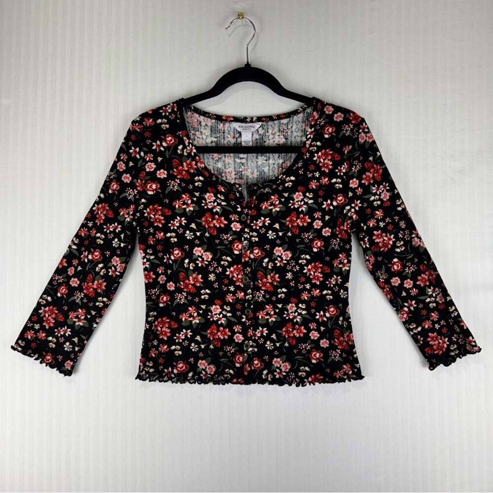 Arizona Jean Co Black 3/4 Sleeve Shirt Red/Pink Ditsy Floral Size Medium 90s Y2K